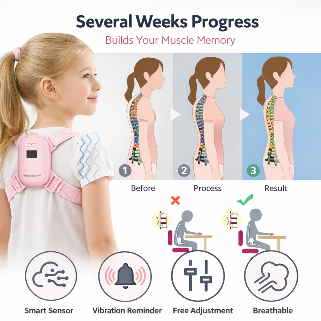 Child wearing a pink back brace with progress illustration showing before, process, and result stages.