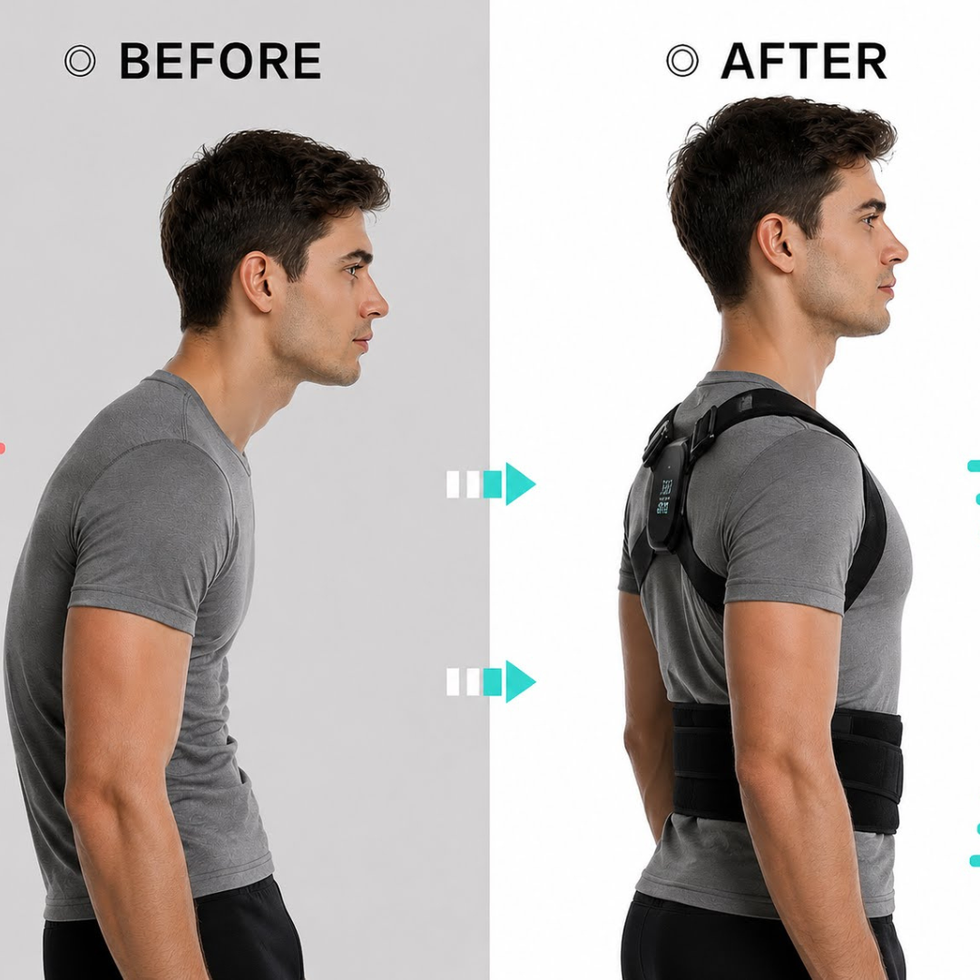 Before and after comparison of a person wearing a back brace for posture correction.