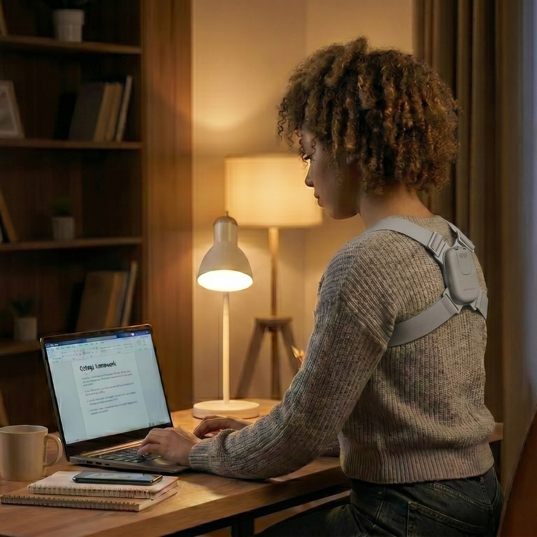 Person using a laptop at a desk with a lamp and books in the background